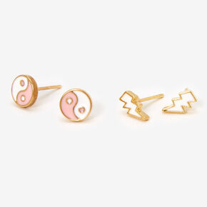 Gold Plated Pink Yin Yang Stud Earrings - 2 Pack,