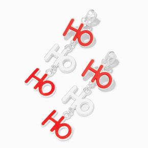 Christmas Ho Ho Ho Silver 2&quot; Linear Clip-On Drop Earrings,