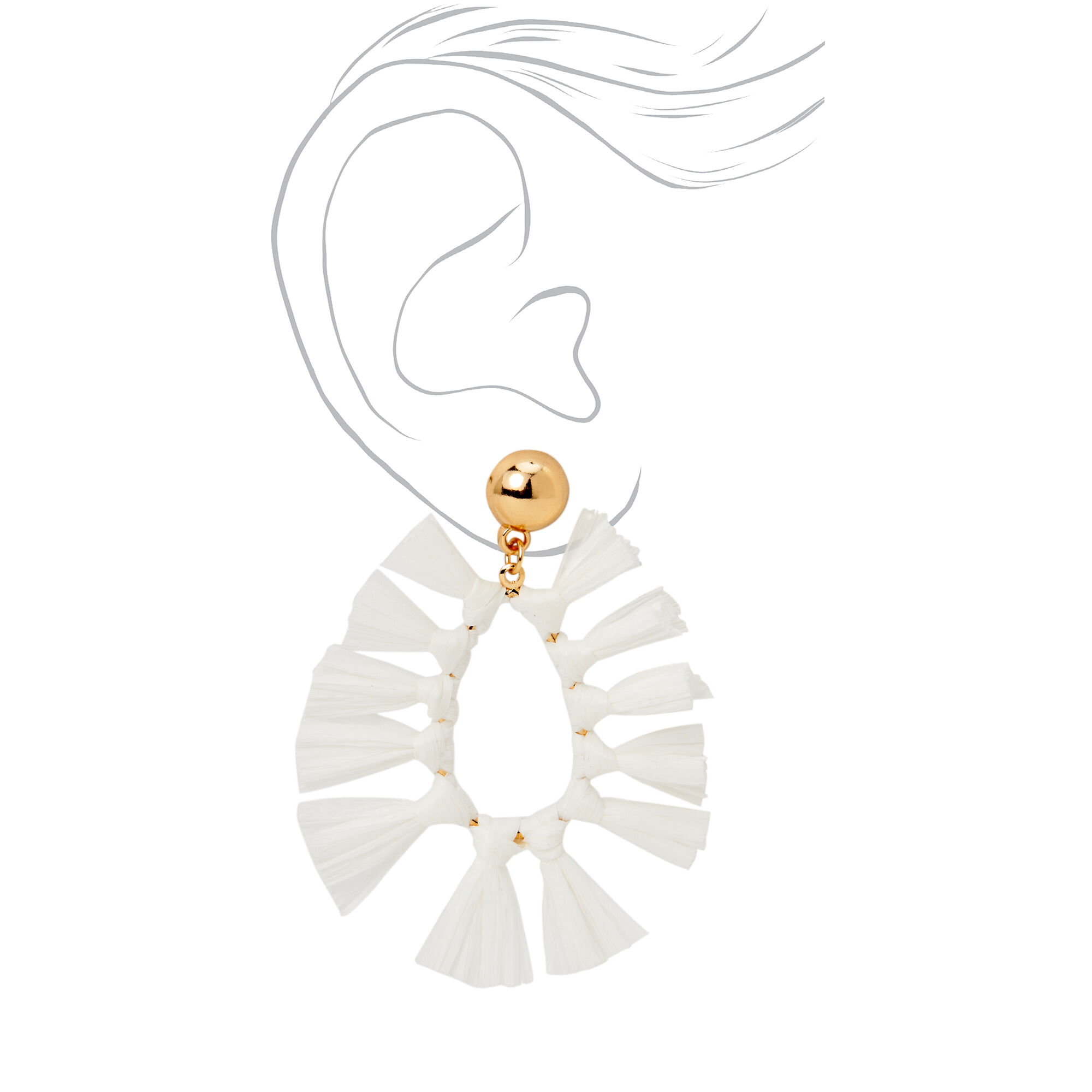 Gold 2" White Tassel Drop Earrings,