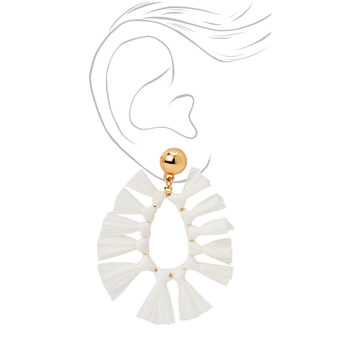 Gold 2&quot; White Tassel Drop Earrings,