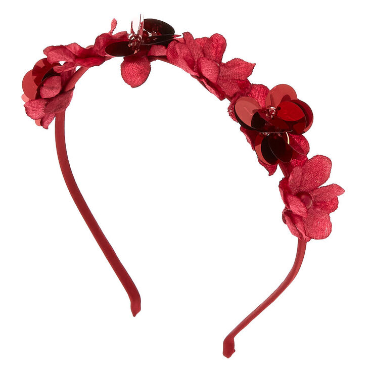 Claire's Serre-tête à fleurs en sequins bordeaux