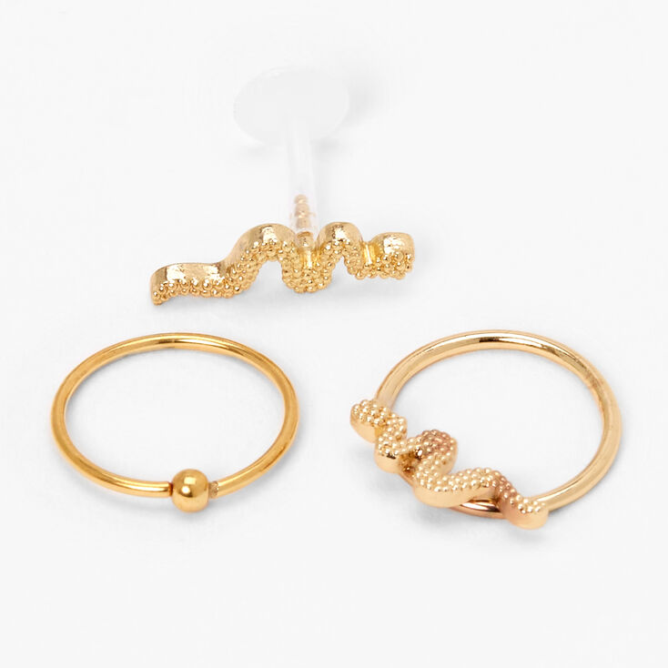 Gold-tone 16G Mixed Snake Cartilage Hoop &amp; Flat Back Earrings - 3 Pack,