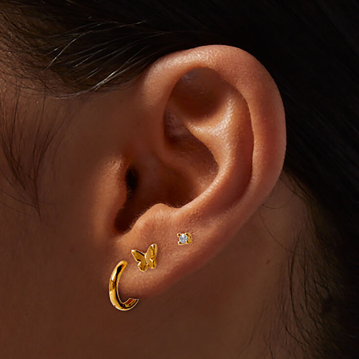 C LUXE by Claire&#39;s 18kt Gold Plated Cubic Zirconia Studs, Butterflies, &amp; Hoop Earrings - 3 Pack,