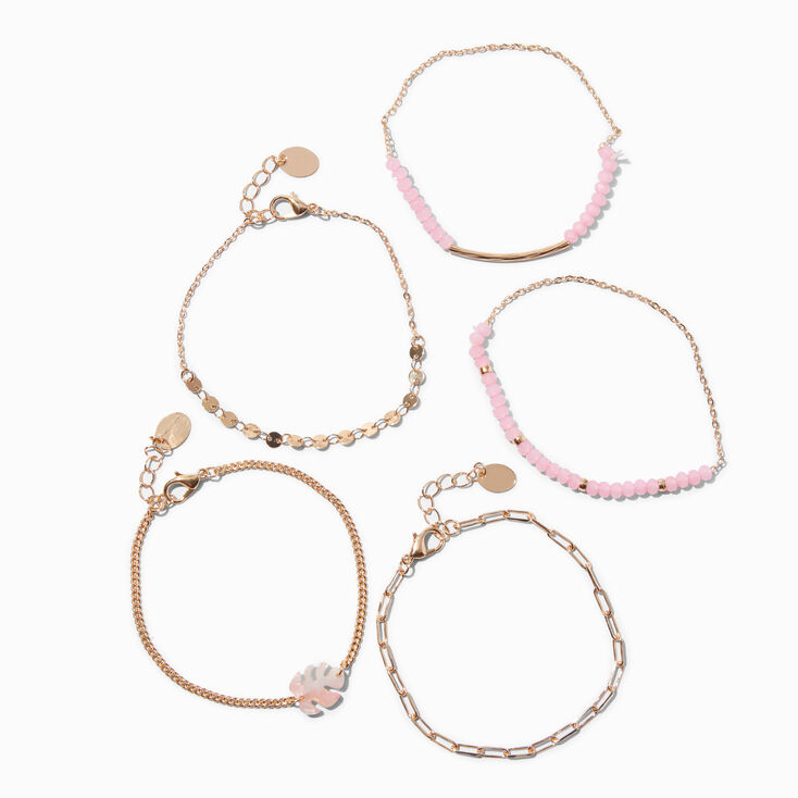 Pink Leaf Gold Beaded Chain Bracelets - 5 Pack,