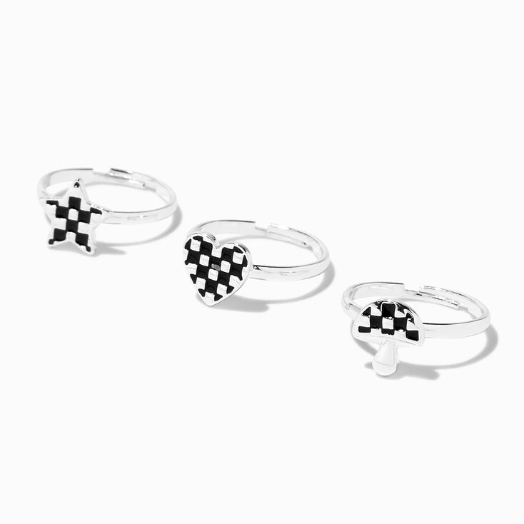 Black &amp; White Checkered Star, Heart, &amp; Mushroom Rings - 3 Pack,