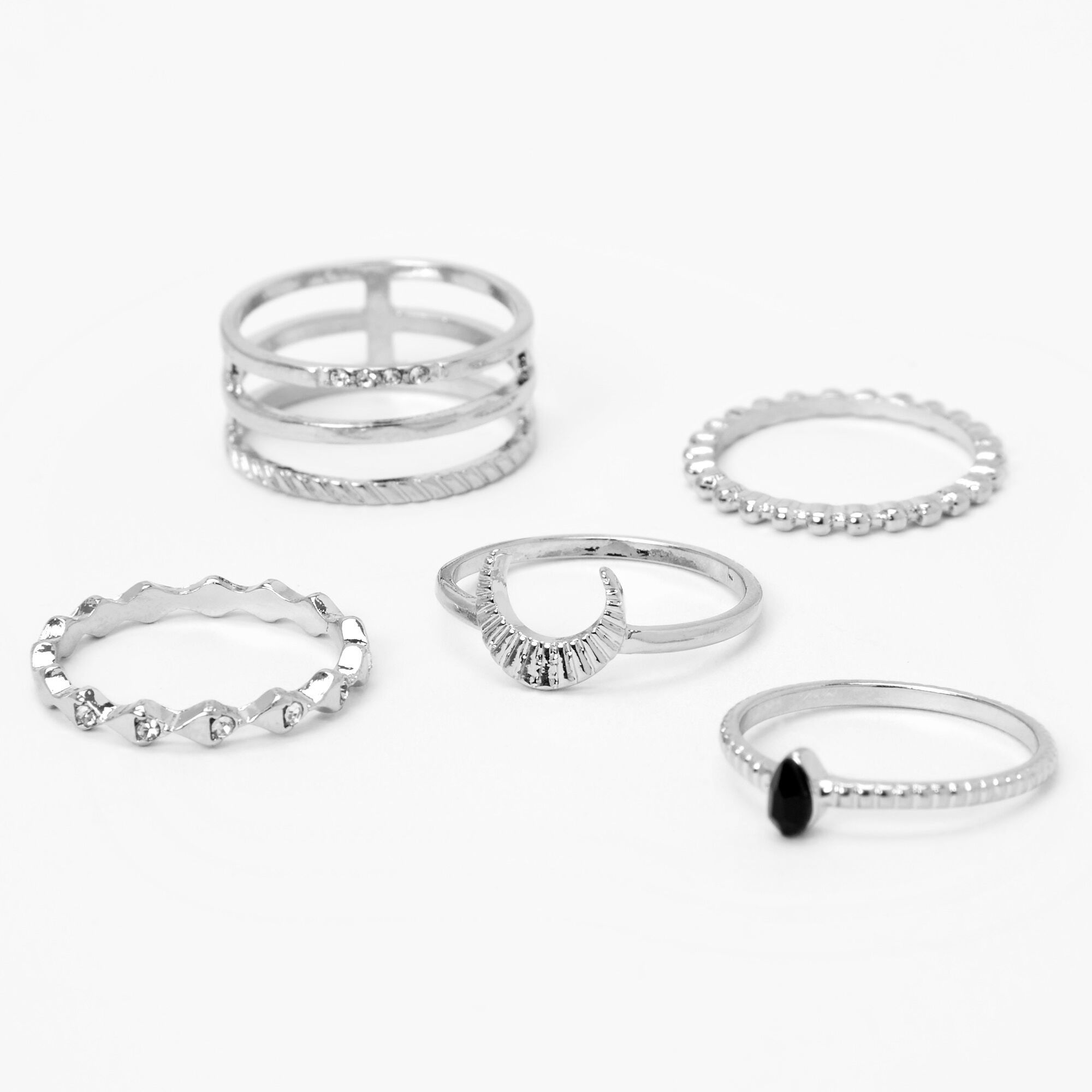 View Claires Mixed Celestial Crystal Rings 5 Pack Silver information
