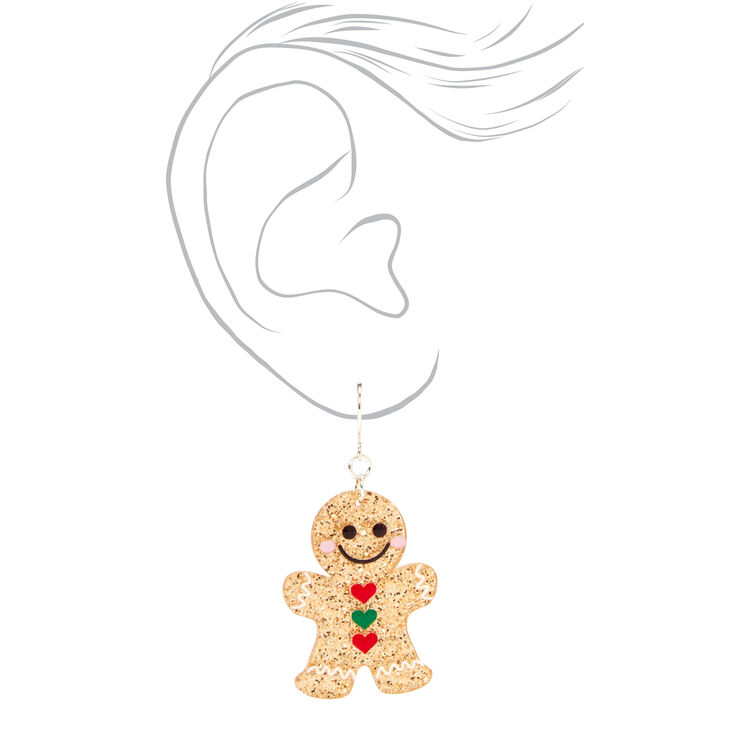 Silver 1&quot; Gingerbread Man Glitter Drop Earrings,