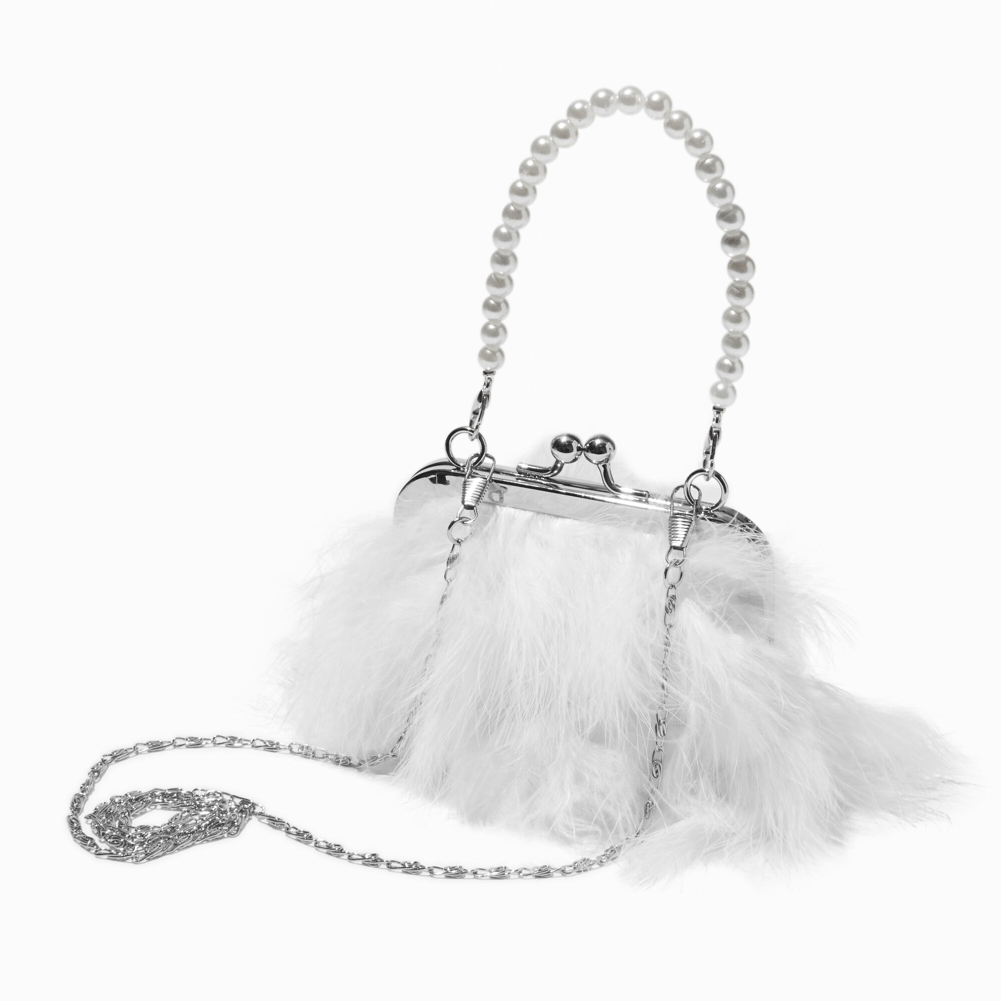 Claire s Club White Feather Pearl Crossbody Bag