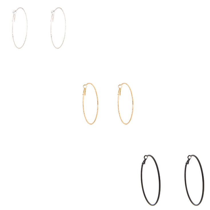 Mixed Metal Graduated Textured Hoop Earrings - 3 Pack,