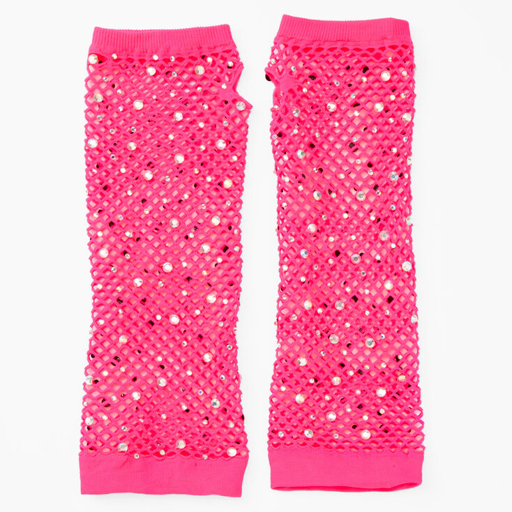 Rhinestone Fishnet Arm Warmers - Pink,