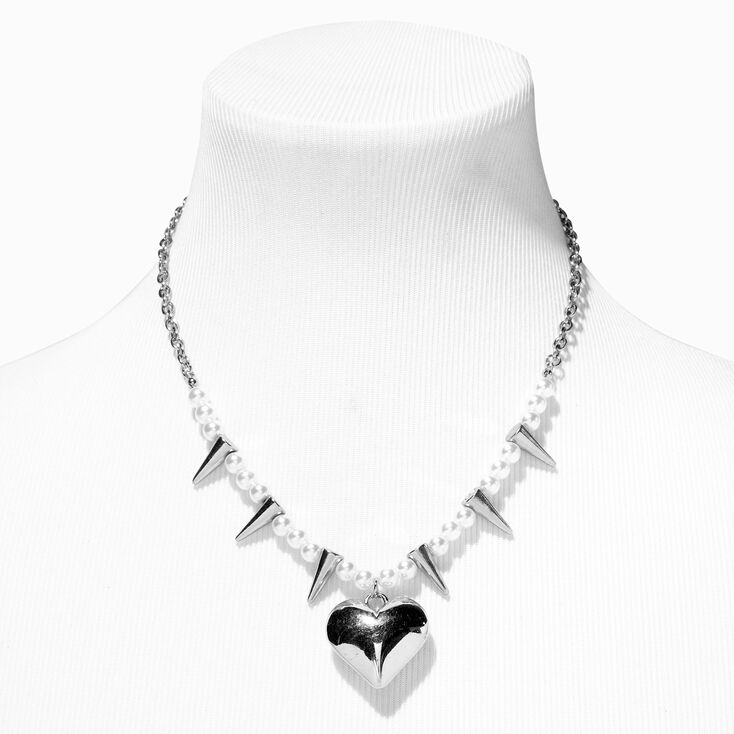 White Pearl &amp; Silver Spike Heart Pendant Necklace,