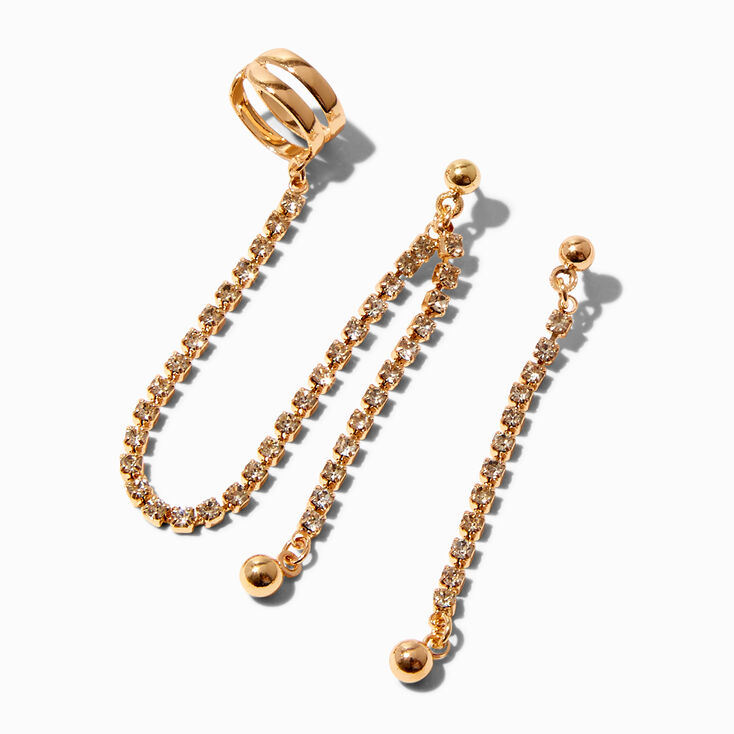 Gold 2&quot; Rhinestone Ball Ear Cuff Drop Earrings,