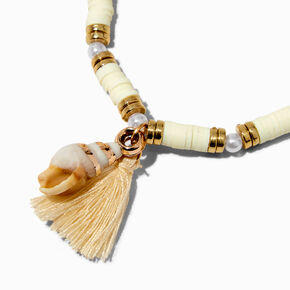 Gold-tone Heishi &amp; Pearl Shell Stretch Bracelet,