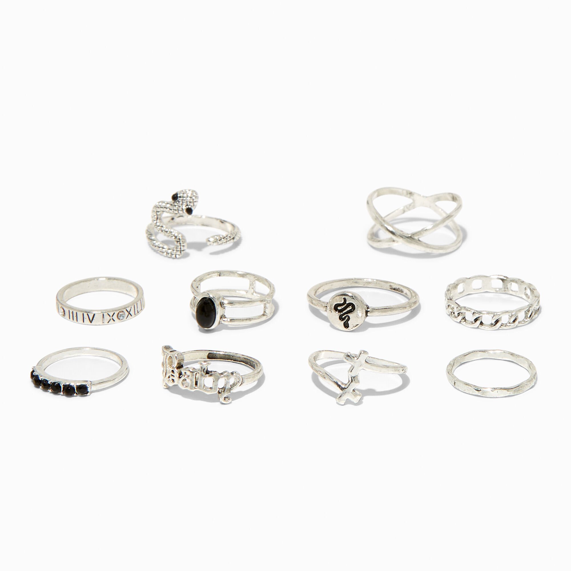 View Claires SilverTone Mixed Snake Rings 10 Pack Black information