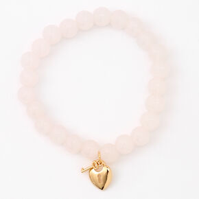 Gold Heart Lock &amp; Key Blush Pink Beaded Stretch Bracelet,