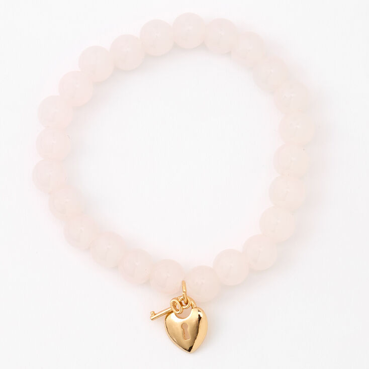 Gold Heart Lock &amp; Key Beaded Stretch Bracelet - Blush Pink,