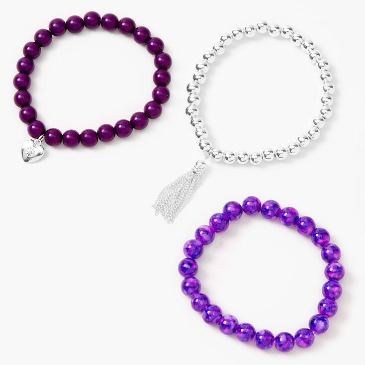 Heart Marble Beaded Stretch Bracelets - Purple, 3 Pack,