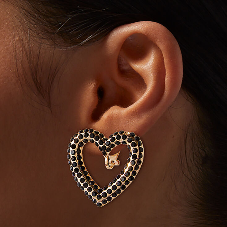 Black Rhinestone Large Heart Clip-On Stud Earrings,