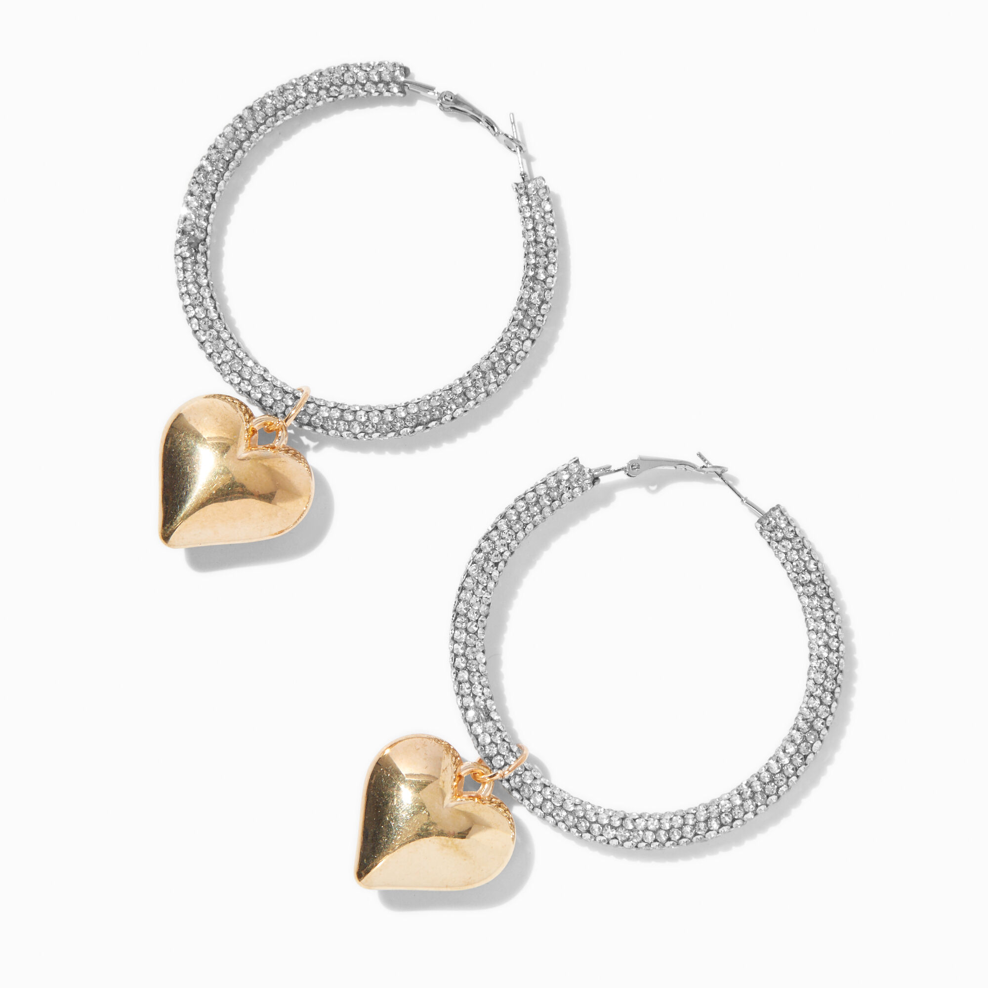 Mixed Metal Pave Bubble Heart Hoop Earrings
