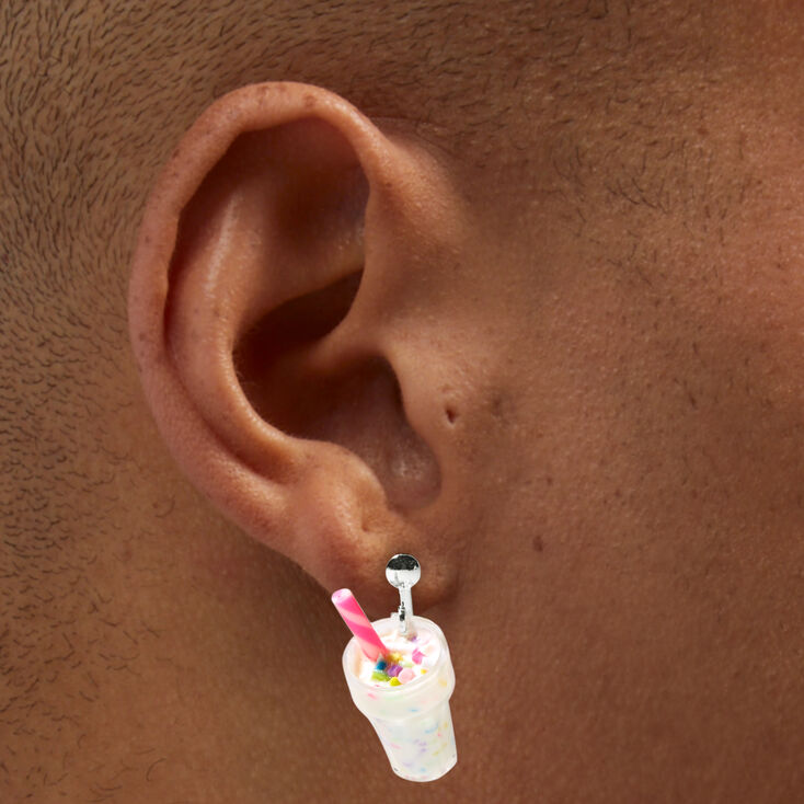 Silver 0.75&quot; Rainbow Sprinkles Milkshake Clip On Drop Earrings,
