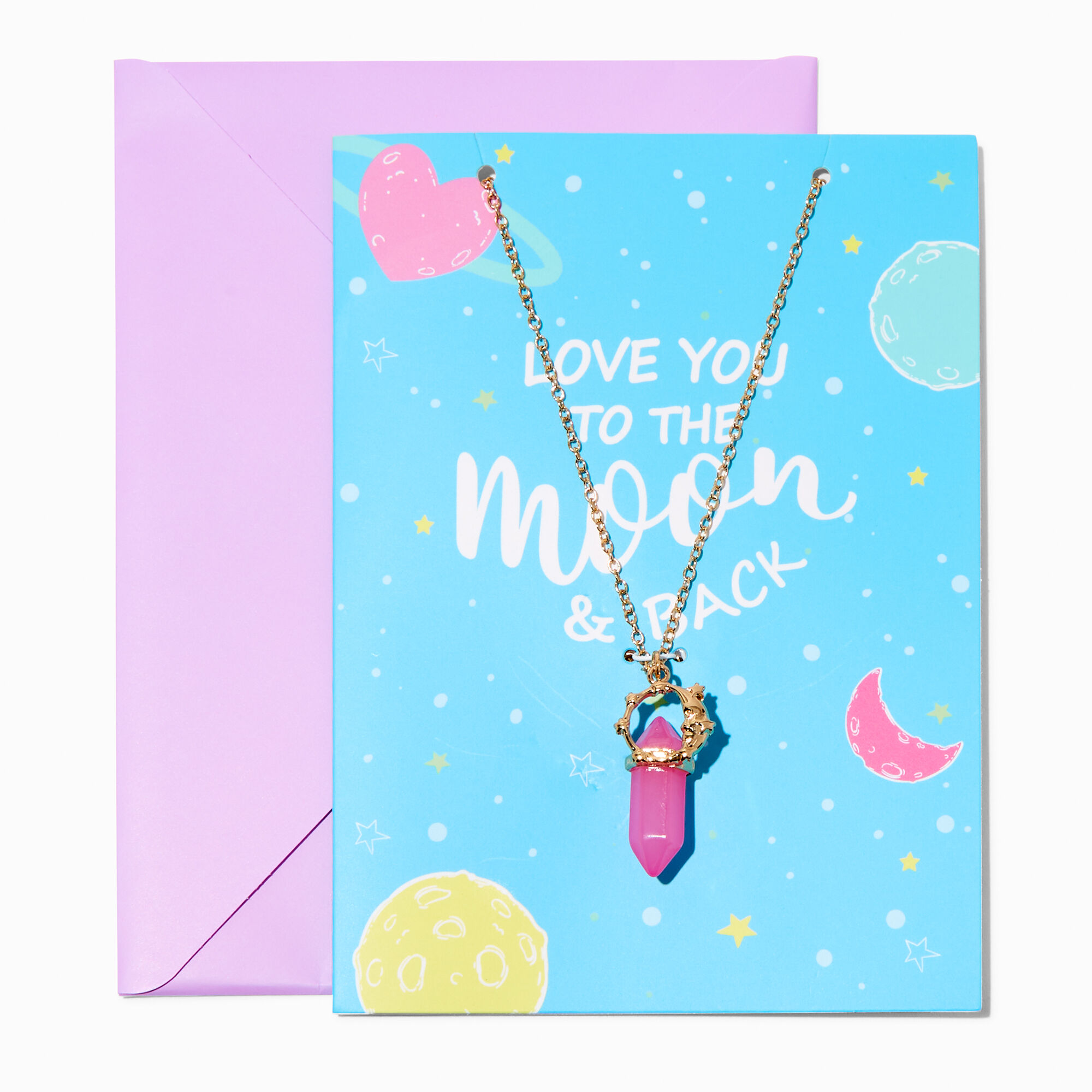 View Claires love You To The Moon Back Greeting Card Mystical Gem Pendant Necklace Set 2 Pack Pink information
