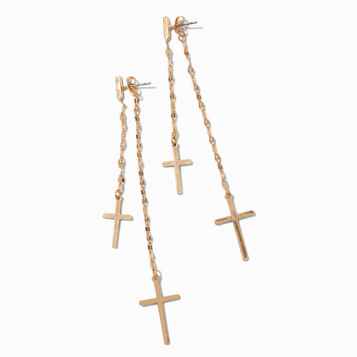 Gold-tone Cross Tinsel Chain Front &amp; Back Drop Earrings,