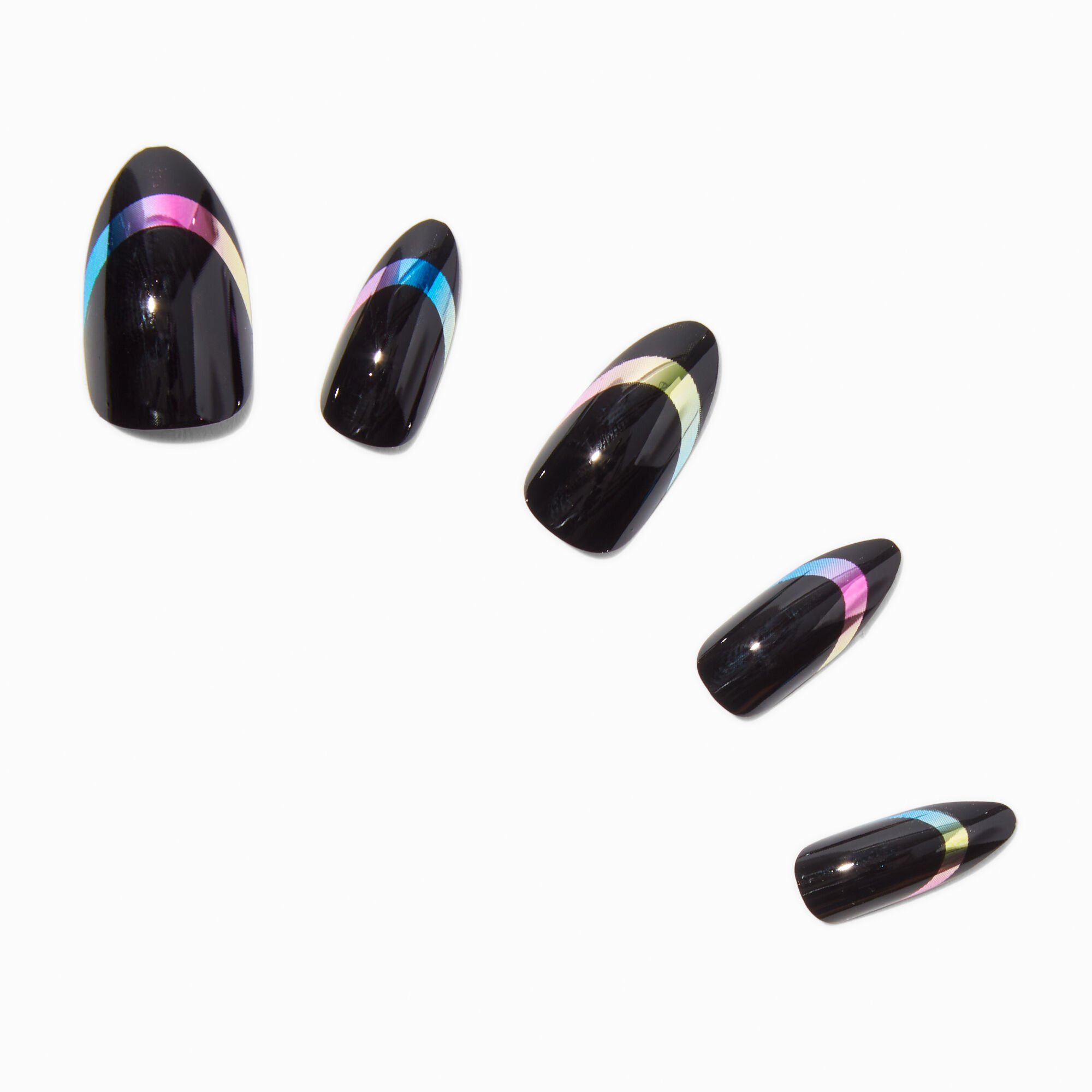 Faux ongles vegan stiletto bouts noirs couleur chromée - Lot de 24,