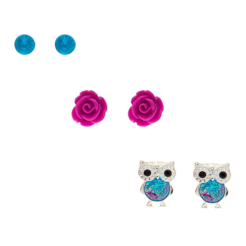 3 Pack Blue & Magenta Owl Stud Earrings,