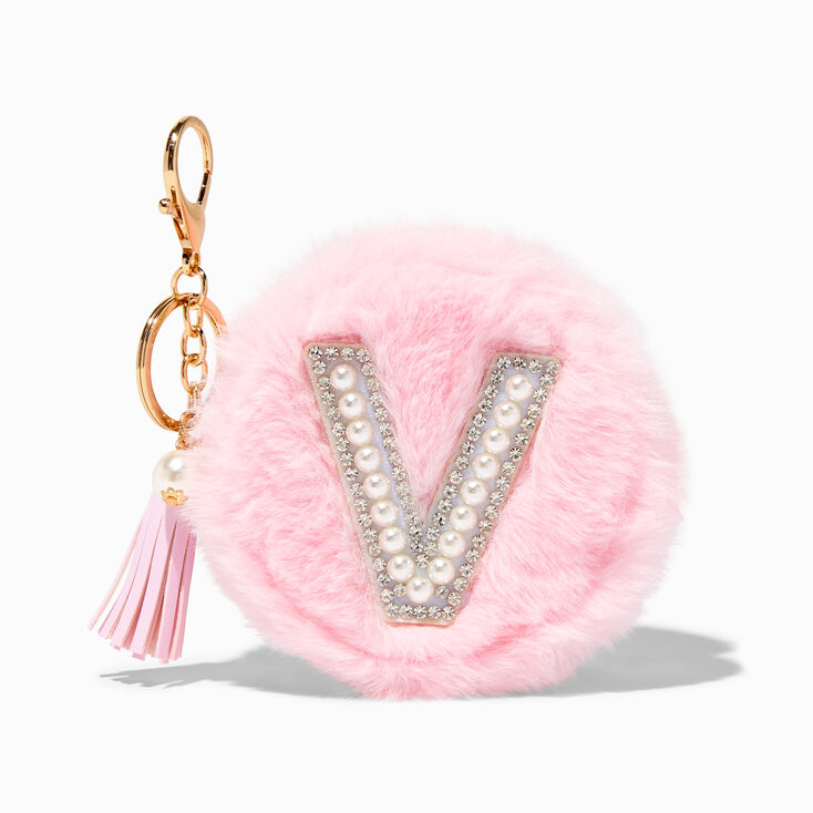 Pink Furry Pearl Initial Coin Purse Keychain - V,