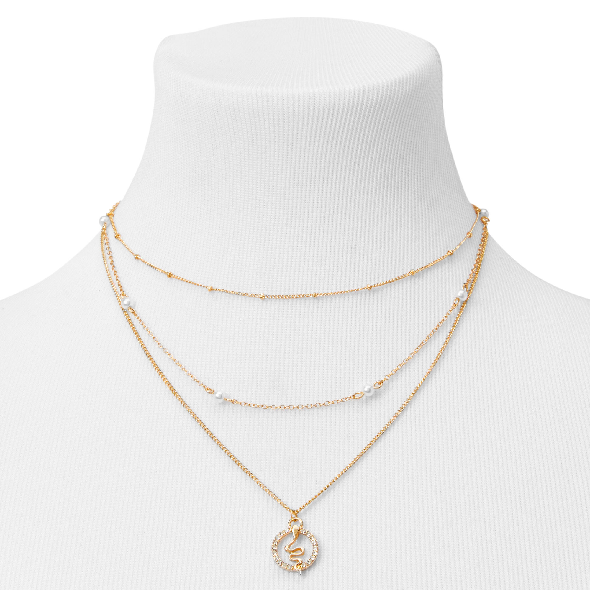 Gold Faux Rhinestone Snake Pendant Multi Strand Necklace,