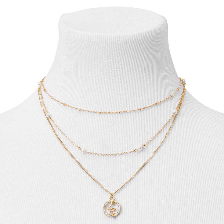Gold Faux Rhinestone Snake Pendant Multi Strand Necklace,