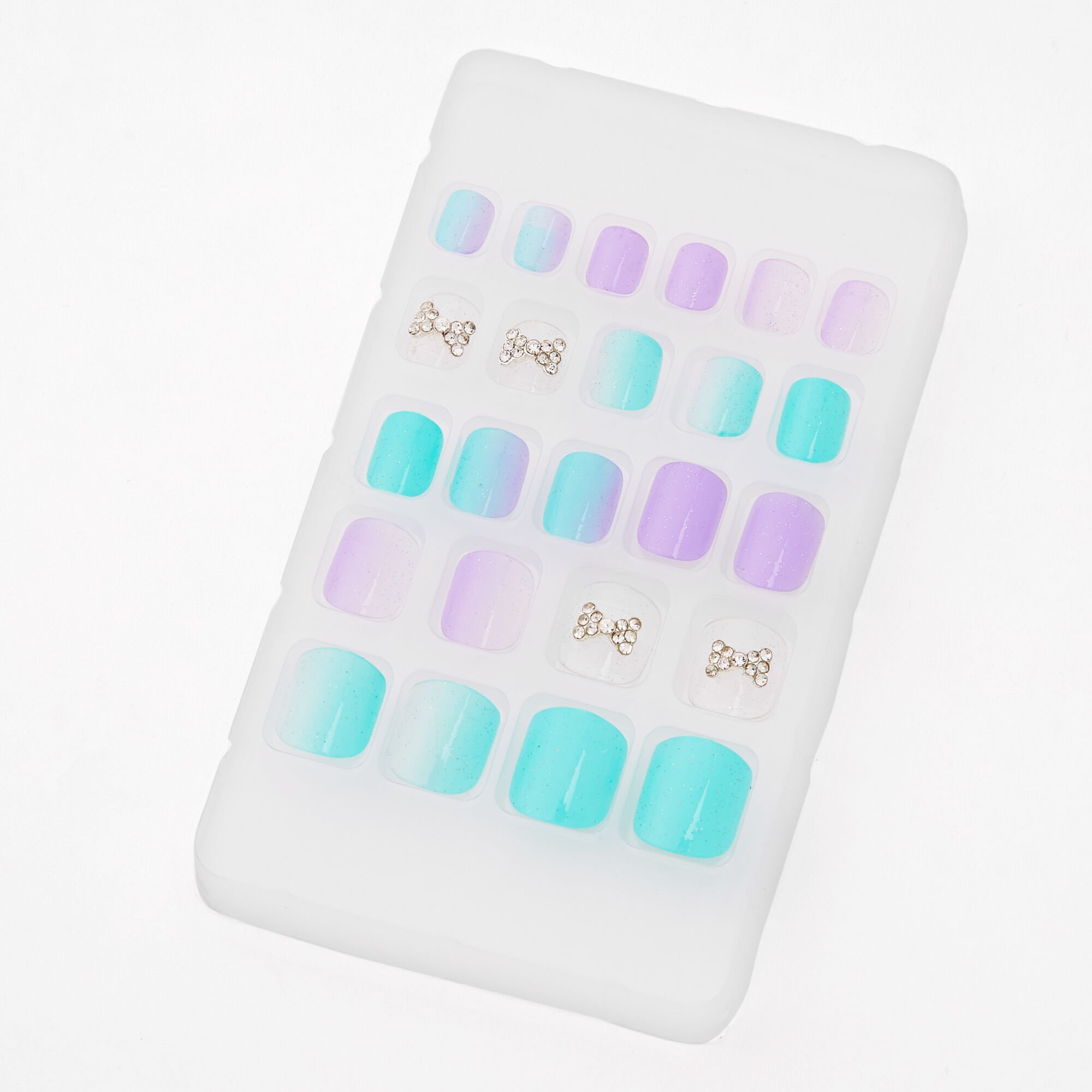 Mint & Purple Bow Square Press On Faux Nail Set - 24 Pack,