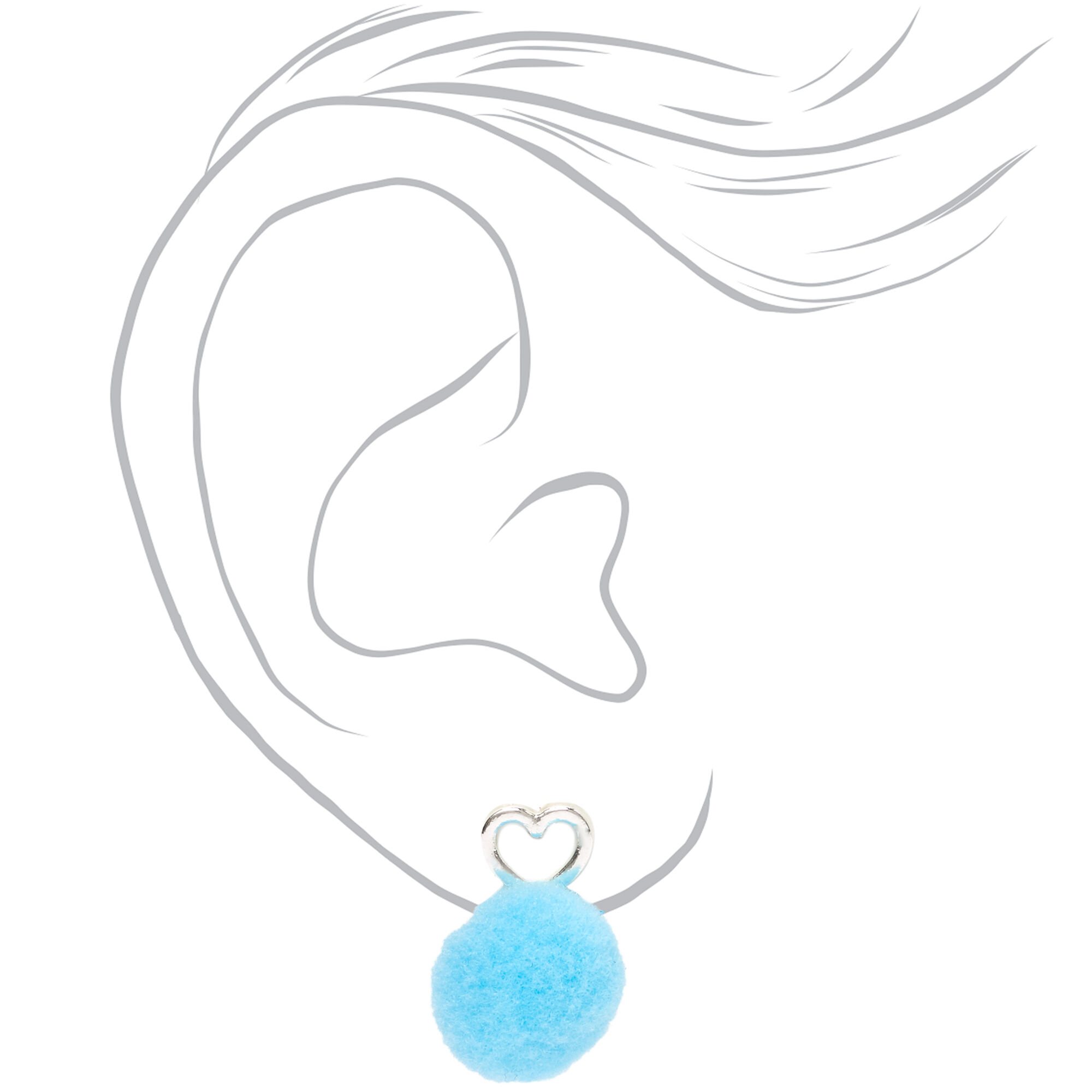 Bijoux d'oreilles cœur pompon couleur argentée - Bleu sarcelle,