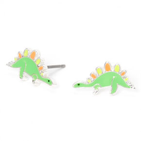 Silver Dinosaur Stud Earrings - Green,