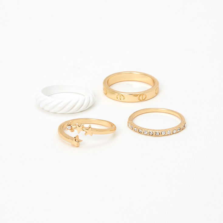Embellished Gold Stars &amp; White Enamel Rings - 4 Pack,