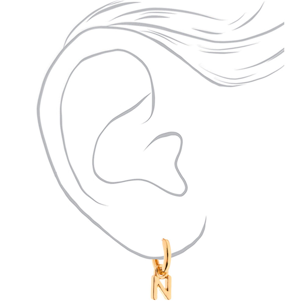 Gold 10MM Initial Huggie Hoop Earrings - N,