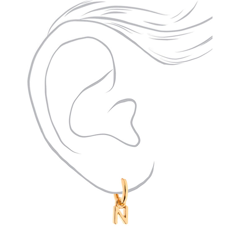 Gold 10MM Initial Huggie Hoop Earrings - N,