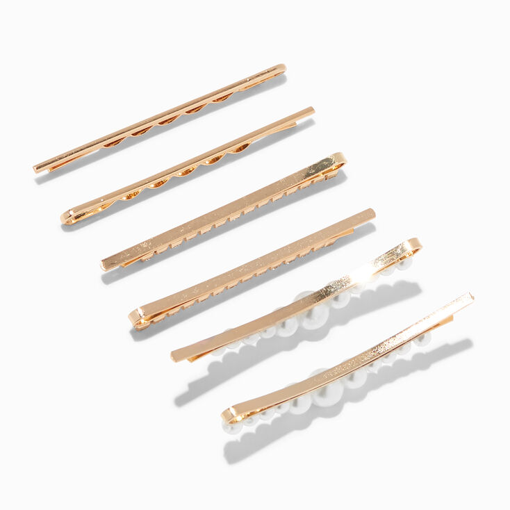 Gold Pearl &amp; Geometric Crystal Bobby Pins - 6 Pack,