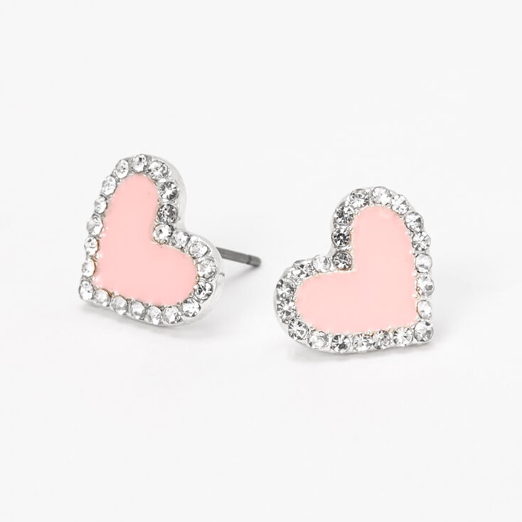 Silver Embellished Heart Stud Earrings - Blush Pink,