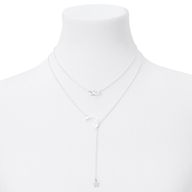Silver Cut Out Moon &amp; Star Y-Neck Multi Strand Necklace,