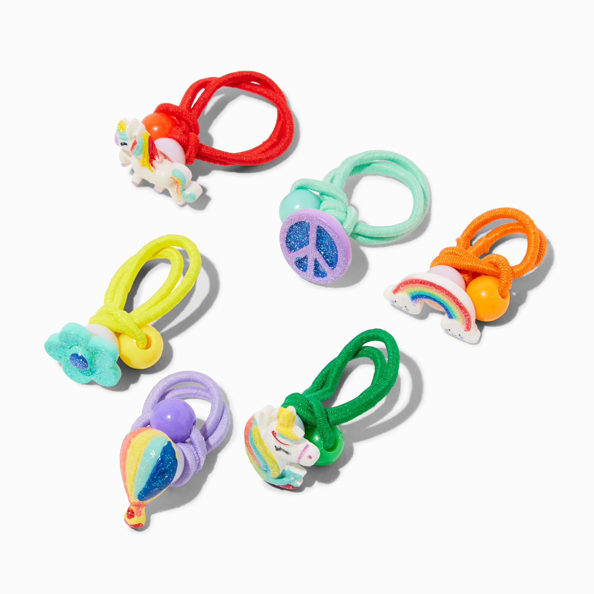 View Claires Club Unicorn Charm Hair Ties 6 Pack Rainbow information