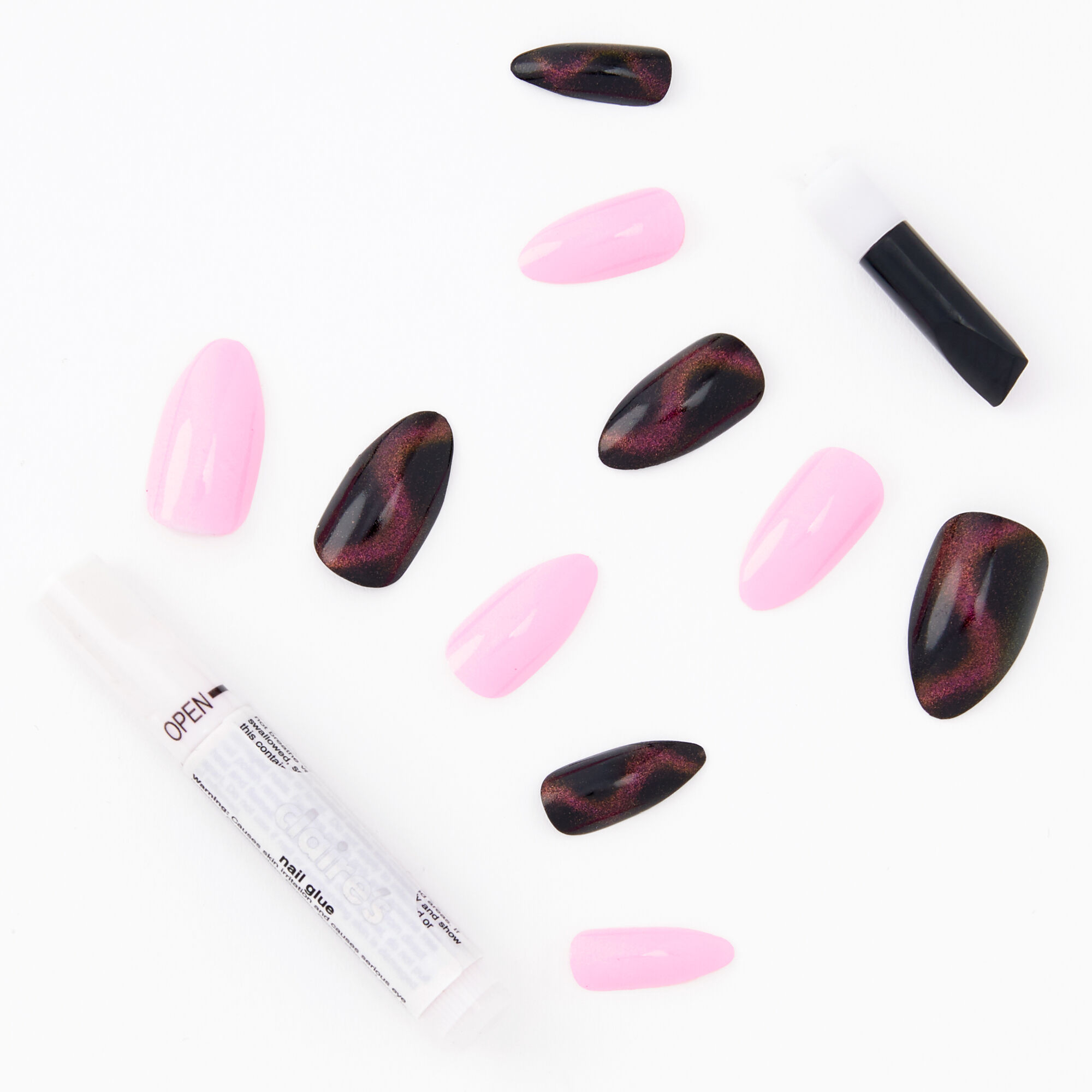 Faux ongles stiletto œil de chat 3D - Rose, lot de 24,