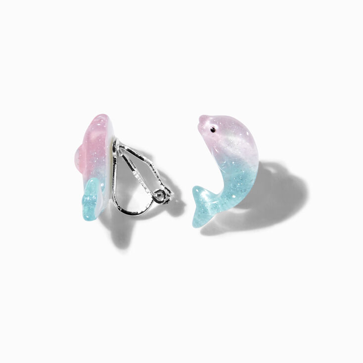 Silver Pastel Ombre Dolphin Clip On Stud Earrings,