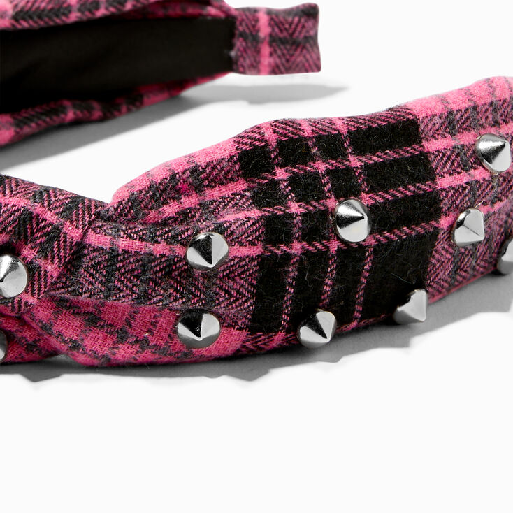 Silver Studded Pink Plaid Knotted Headband,
