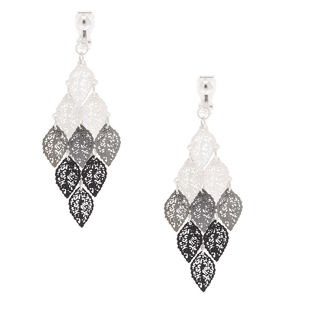 Silver Leaf Clip On Drop Earrings,