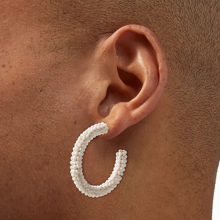White Beaded Hoop Earrings,