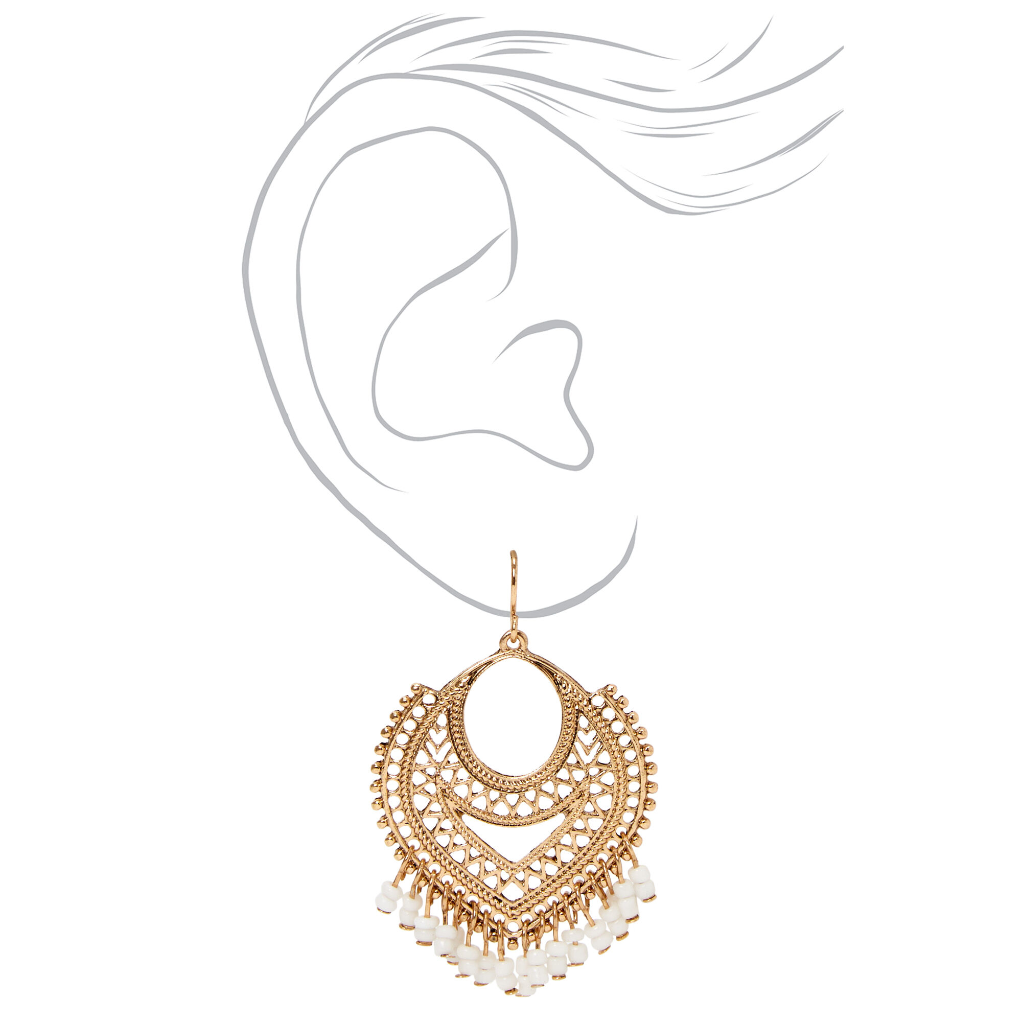 Gold 2" Beaded Chain Aztec Drop Earrings - White,