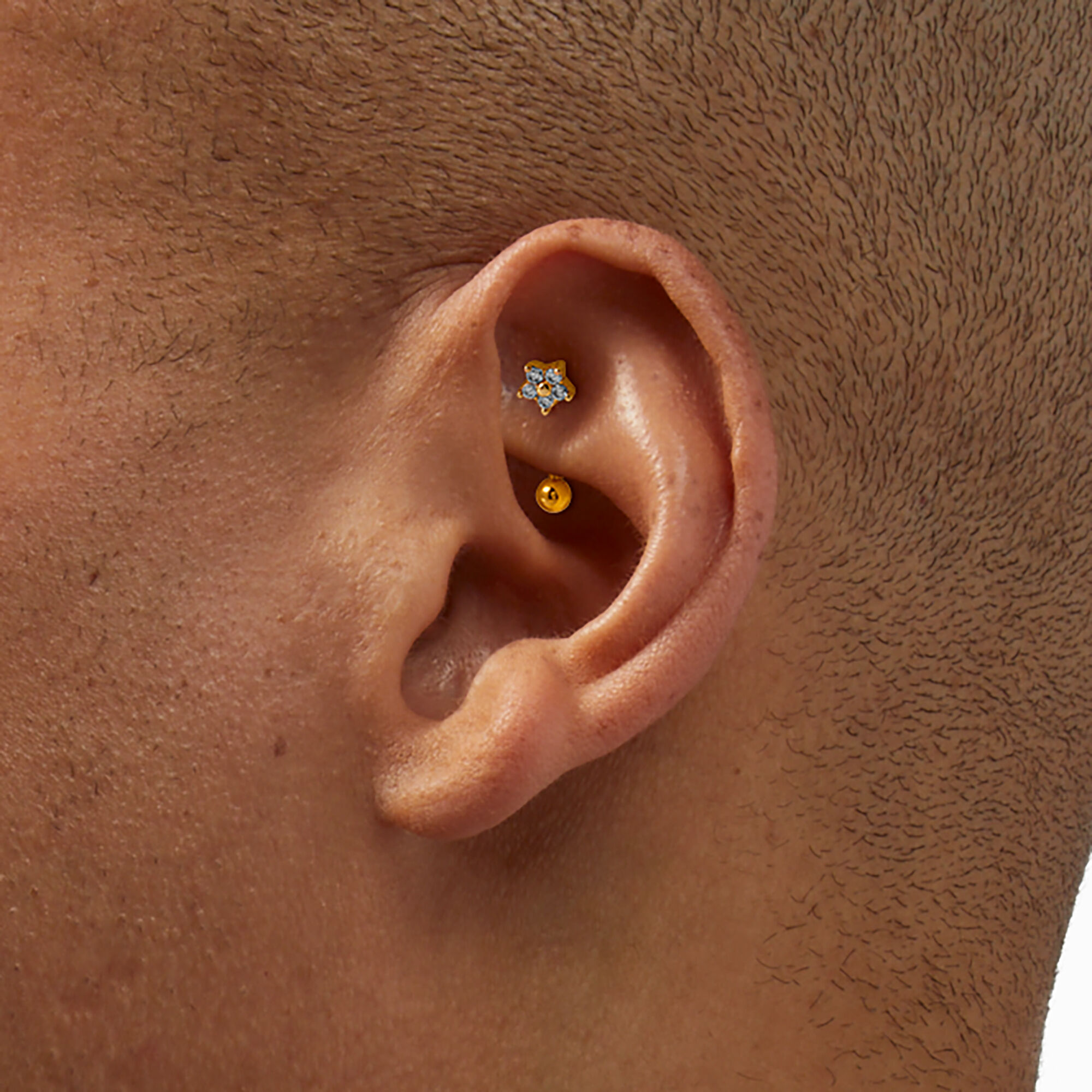 Gold-tone Stainless Steel Cubic Zirconia 16G Star, Butterfly & Flower Stud Rook Earrings - 3 Pack,