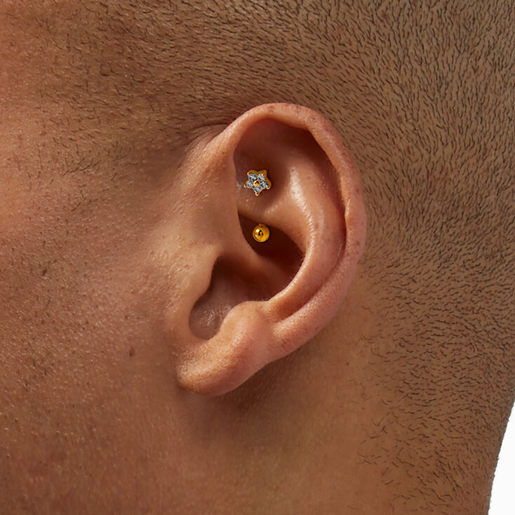 Gold-tone Stainless Steel Cubic Zirconia 16G Star, Butterfly &amp; Flower Stud Rook Earrings - 3 Pack,