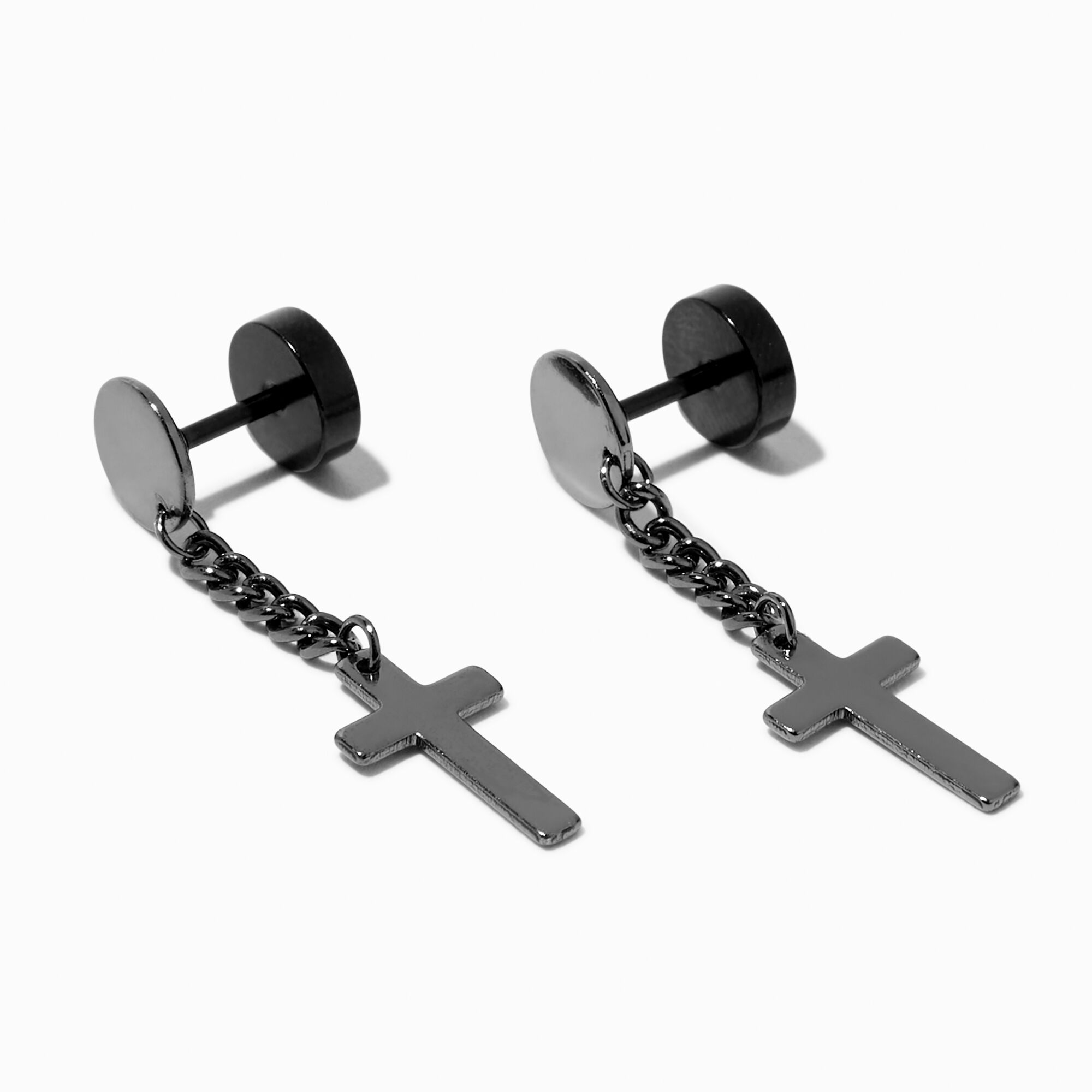 View Claires Cross Drop Faux Ear Plug Earrings Black information